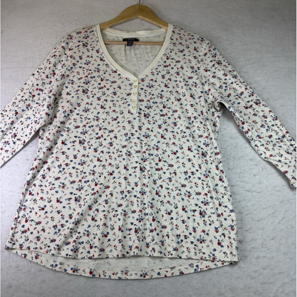 Chaps Women's XL Floral Henley Shirt 100% Cotton 3/4 SL Cream Cottagecore
